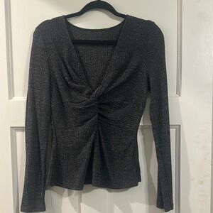 SHEIN Black Ruched Tie Front Long Sleeve Blouse